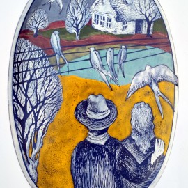 SMALTOVANÁ CEDULKA sovičky originál ,cca25x32cm