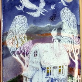 SMALTOVANÁ CEDULKA sovičky originál ,cca25x32cm