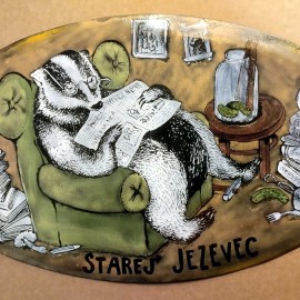 SMALTOVANÁ CEDULKA originál ,starej jezevec 20x16cm