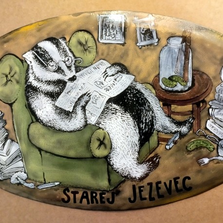 SMALTOVANÁ CEDULKA originál ,starej jezevec 20x16cm