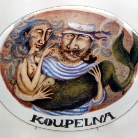 SMALTOVANÁ CEDULKA koupelna námořník 14x11